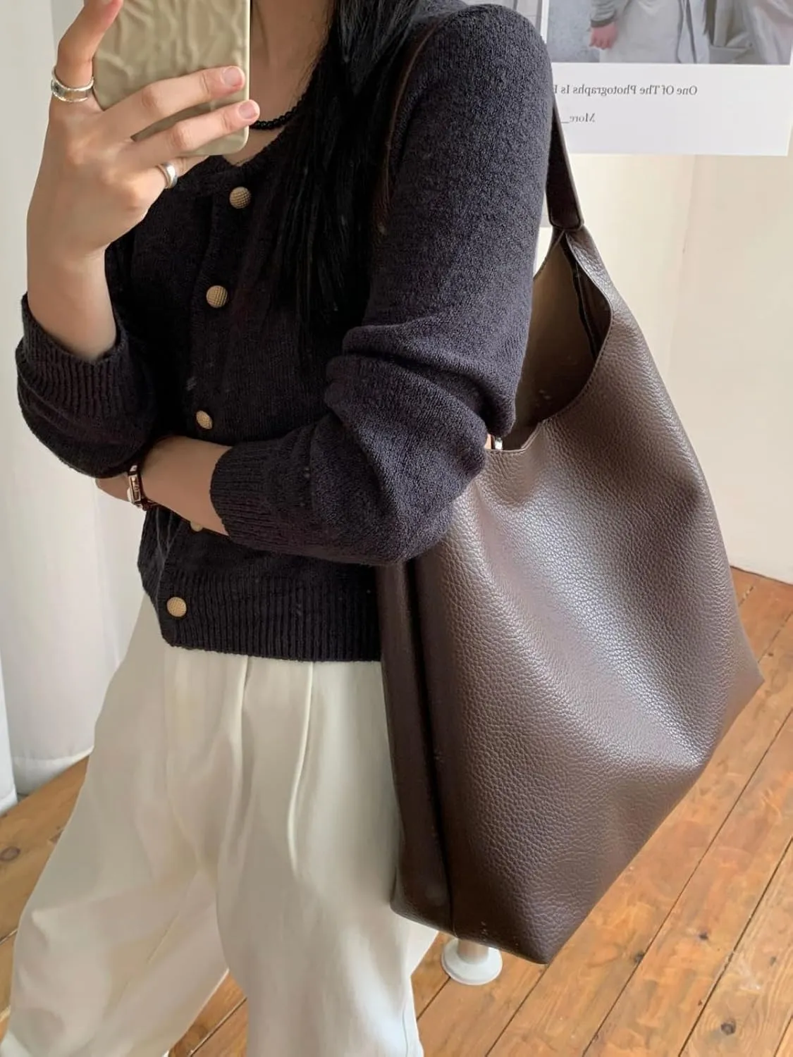 Vegan Leather Tote 2025 Fall Winter Large Shoulder Bag Minimalist Retro Bucket Work Commute Texture Litchi Grain Handbag