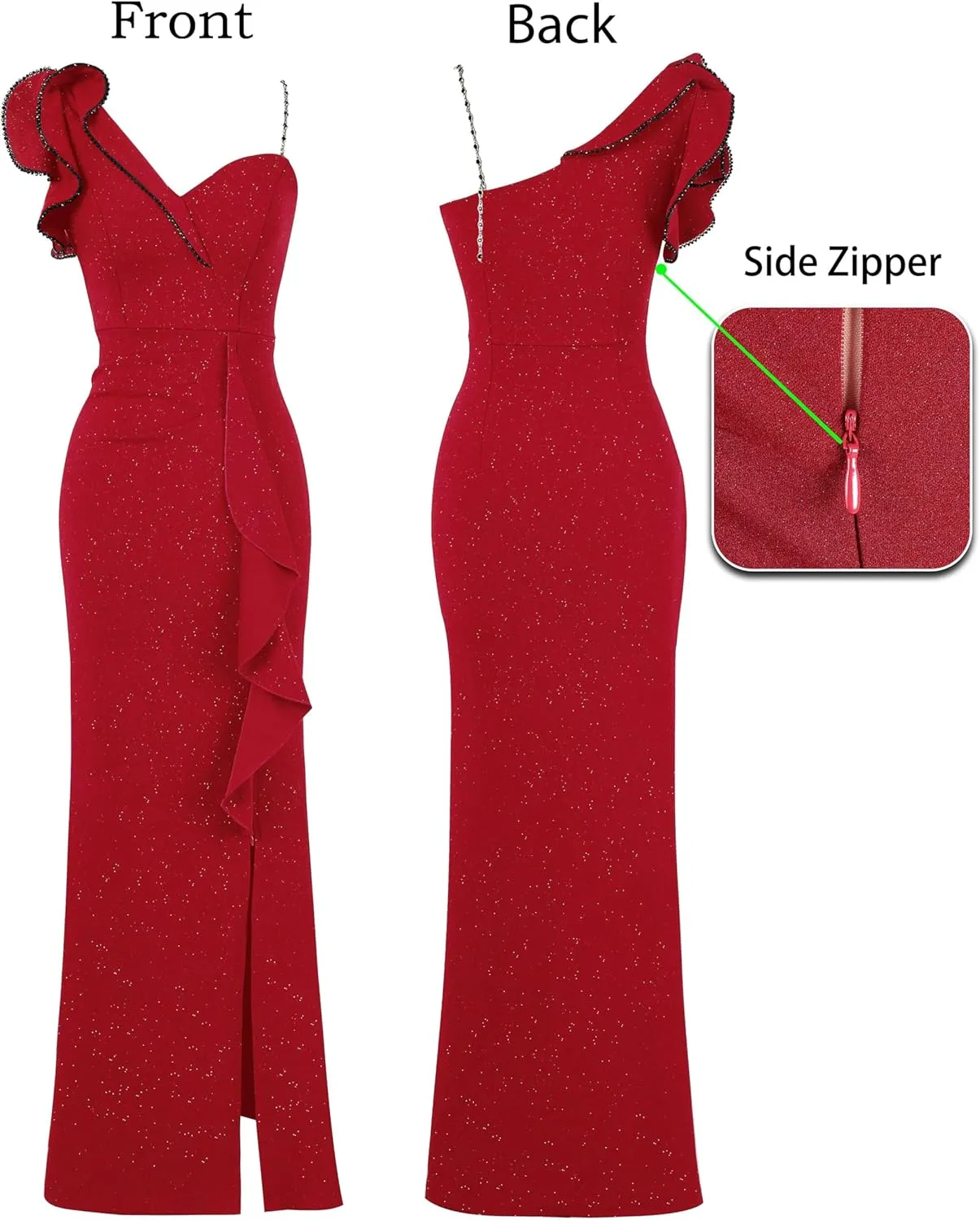 VFSHOW Womens Formal Prom Elegant Ruffle One Shoulder Beaded Strap Ruched Slit Maxi Dress Wedding Evening Long Gown