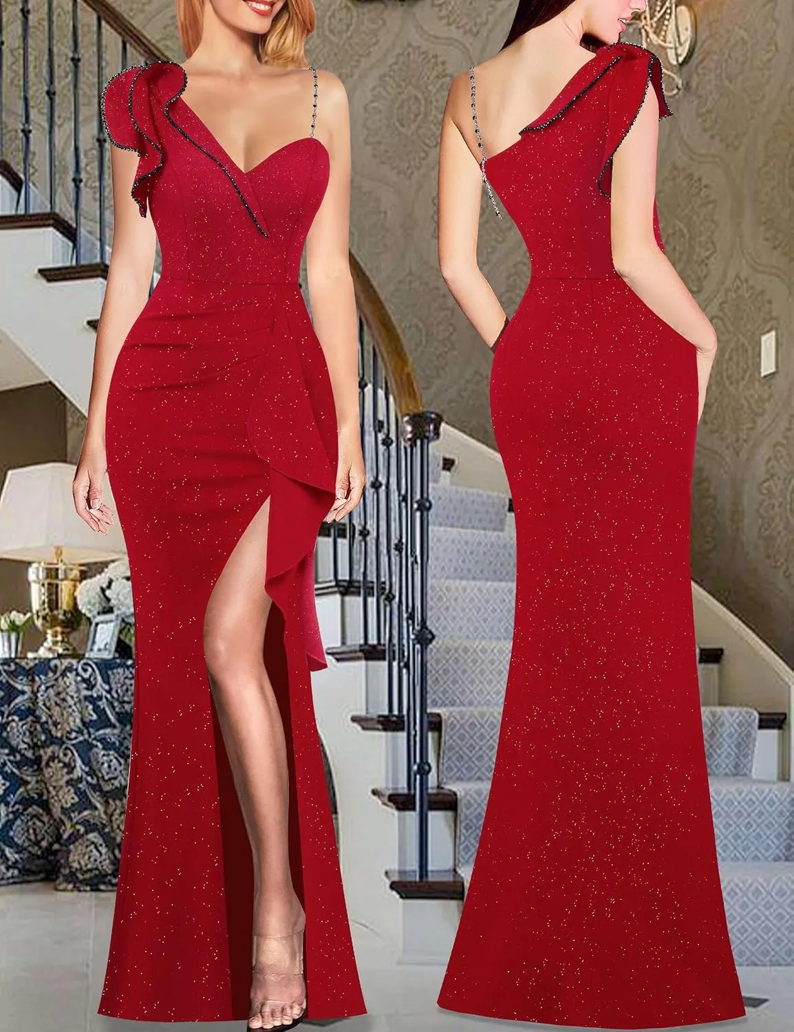 VFSHOW Womens Formal Prom Elegant Ruffle One Shoulder Beaded Strap Ruched Slit Maxi Dress Wedding Evening Long Gown