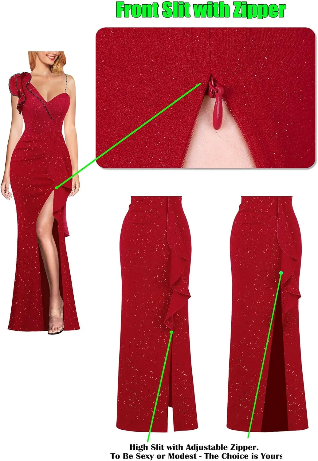 VFSHOW Womens Formal Prom Elegant Ruffle One Shoulder Beaded Strap Ruched Slit Maxi Dress Wedding Evening Long Gown