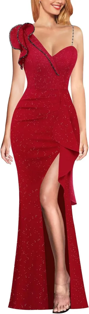 VFSHOW Womens Formal Prom Elegant Ruffle One Shoulder Beaded Strap Ruched Slit Maxi Dress Wedding Evening Long Gown