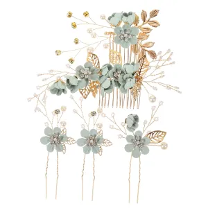 VICASKY Elegant Bridal Hair Comb Set in Green 5pcs Wedding Hair Accessories for Brides and Women
