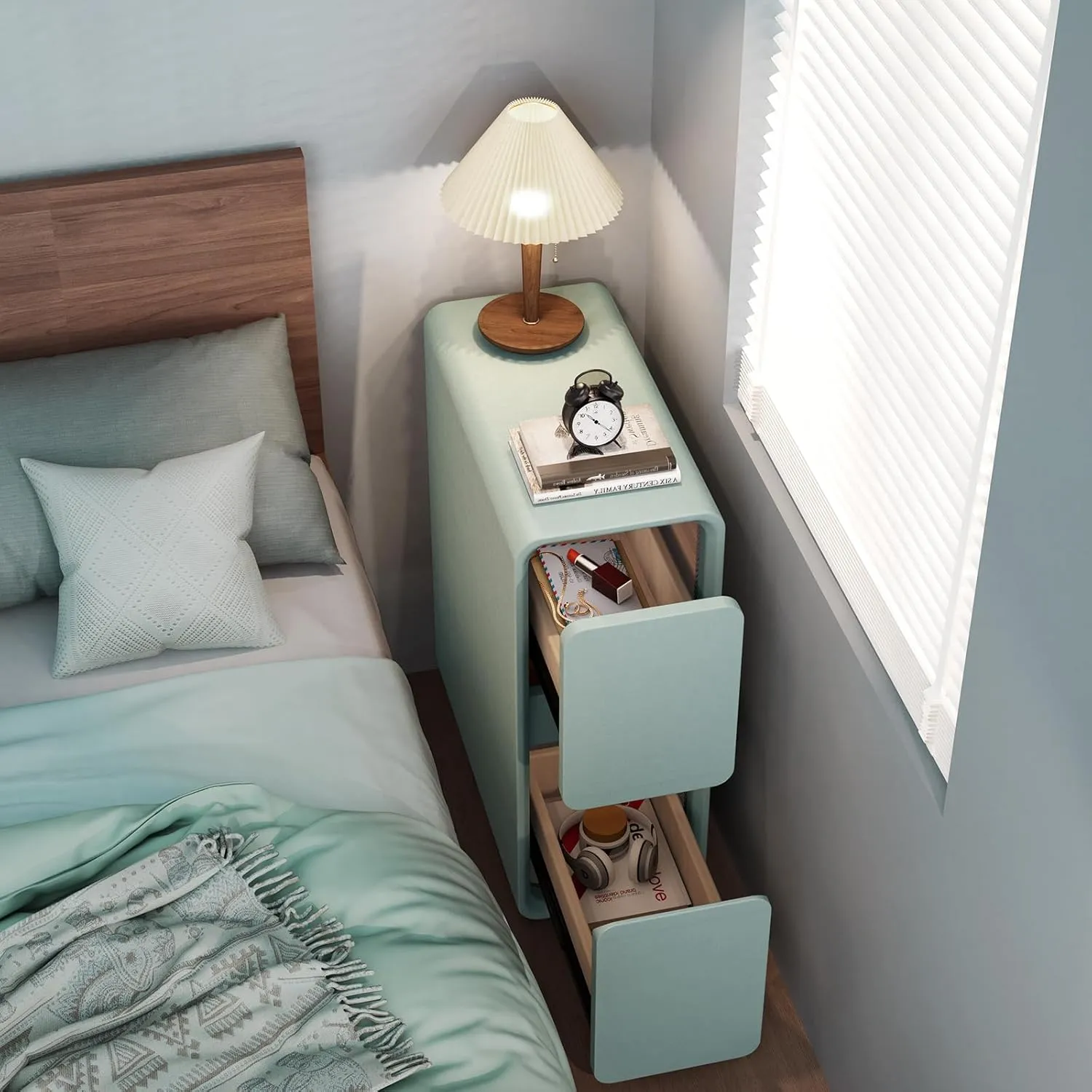 VICITON Modern Narrow Faux Leather Nightstand, Solid Wood Drawer, Storage Accent Table, Small Side End Table for Bedroom (Blue, Narrow)