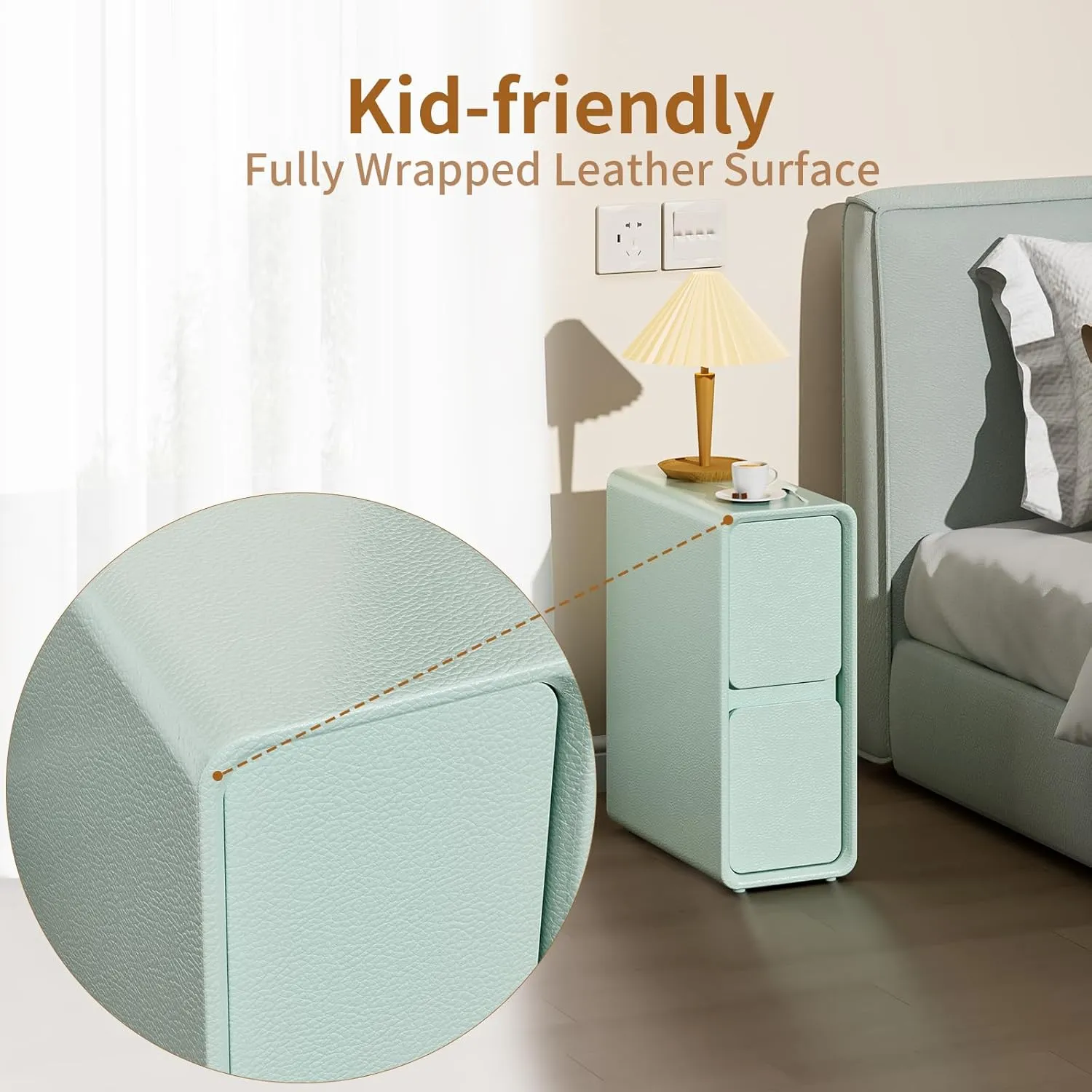 VICITON Modern Narrow Faux Leather Nightstand, Solid Wood Drawer, Storage Accent Table, Small Side End Table for Bedroom (Blue, Narrow)