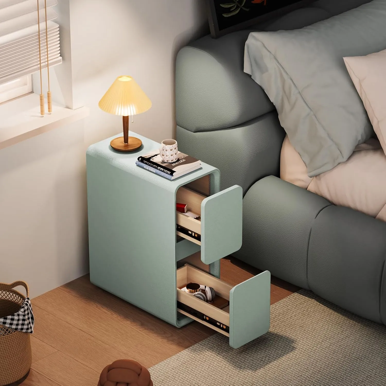 VICITON Modern Narrow Faux Leather Nightstand, Solid Wood Drawer, Storage Accent Table, Small Side End Table for Bedroom (Blue, Narrow)