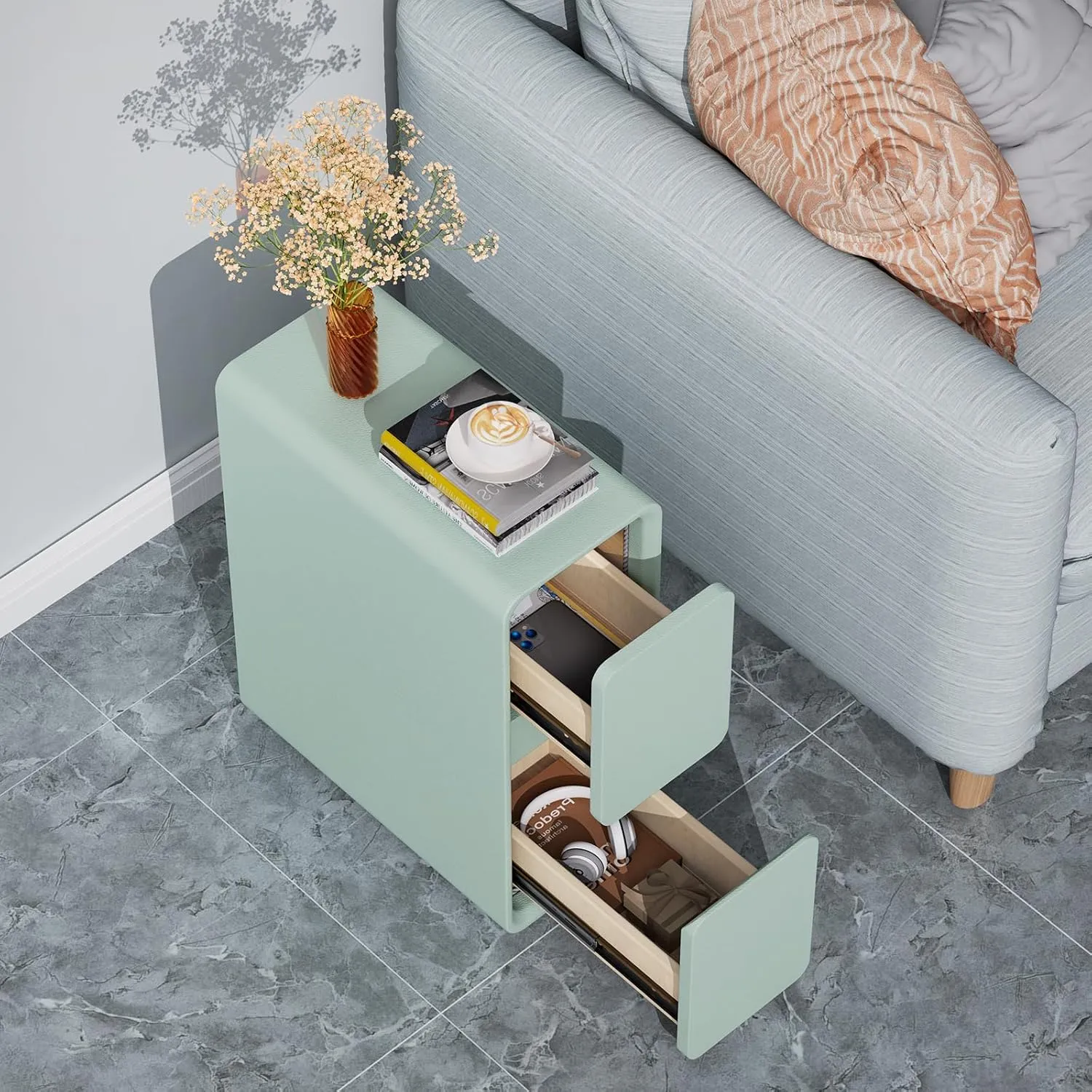 VICITON Modern Narrow Faux Leather Nightstand, Solid Wood Drawer, Storage Accent Table, Small Side End Table for Bedroom (Blue, Narrow)