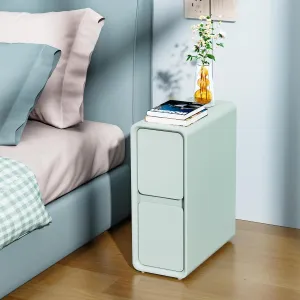 VICITON Modern Narrow Faux Leather Nightstand, Solid Wood Drawer, Storage Accent Table, Small Side End Table for Bedroom (Blue, Narrow)