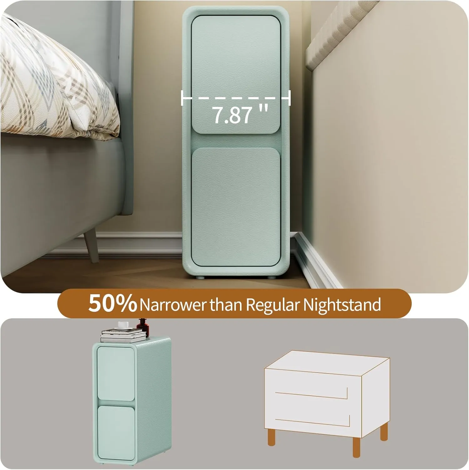 VICITON Modern Narrow Faux Leather Nightstand, Solid Wood Drawer, Storage Accent Table, Small Side End Table for Bedroom (Blue, Narrow)