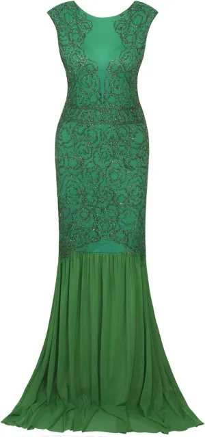 Vijiv 1920s Long Prom Dresses V Neck Beaded Sequin Gatsby Maxi Evening Dress
