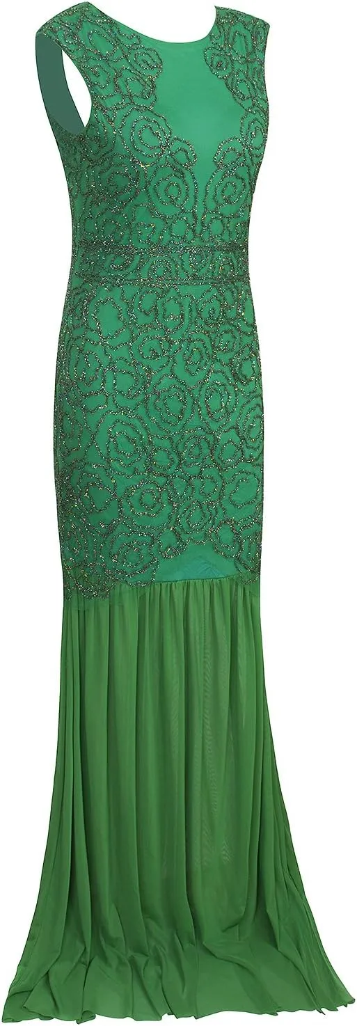 Vijiv 1920s Long Prom Dresses V Neck Beaded Sequin Gatsby Maxi Evening Dress