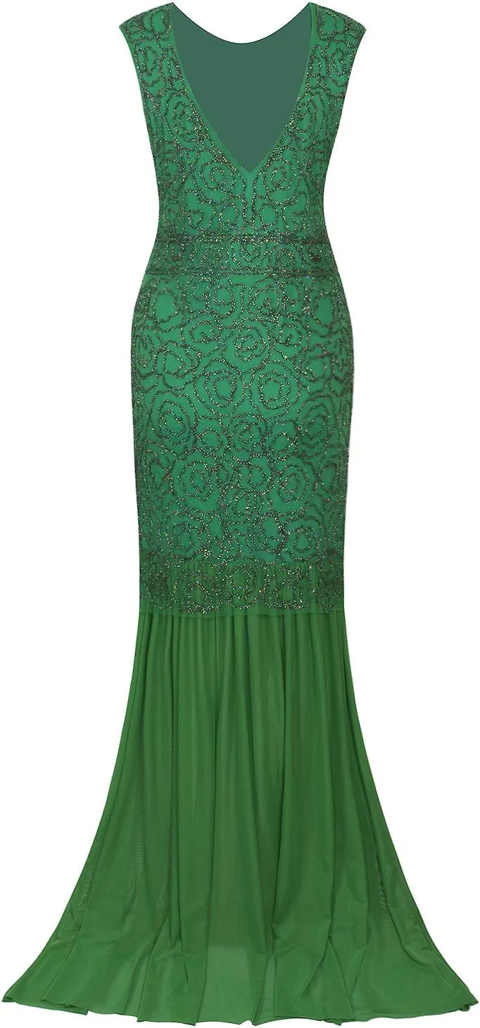 Vijiv 1920s Long Prom Dresses V Neck Beaded Sequin Gatsby Maxi Evening Dress