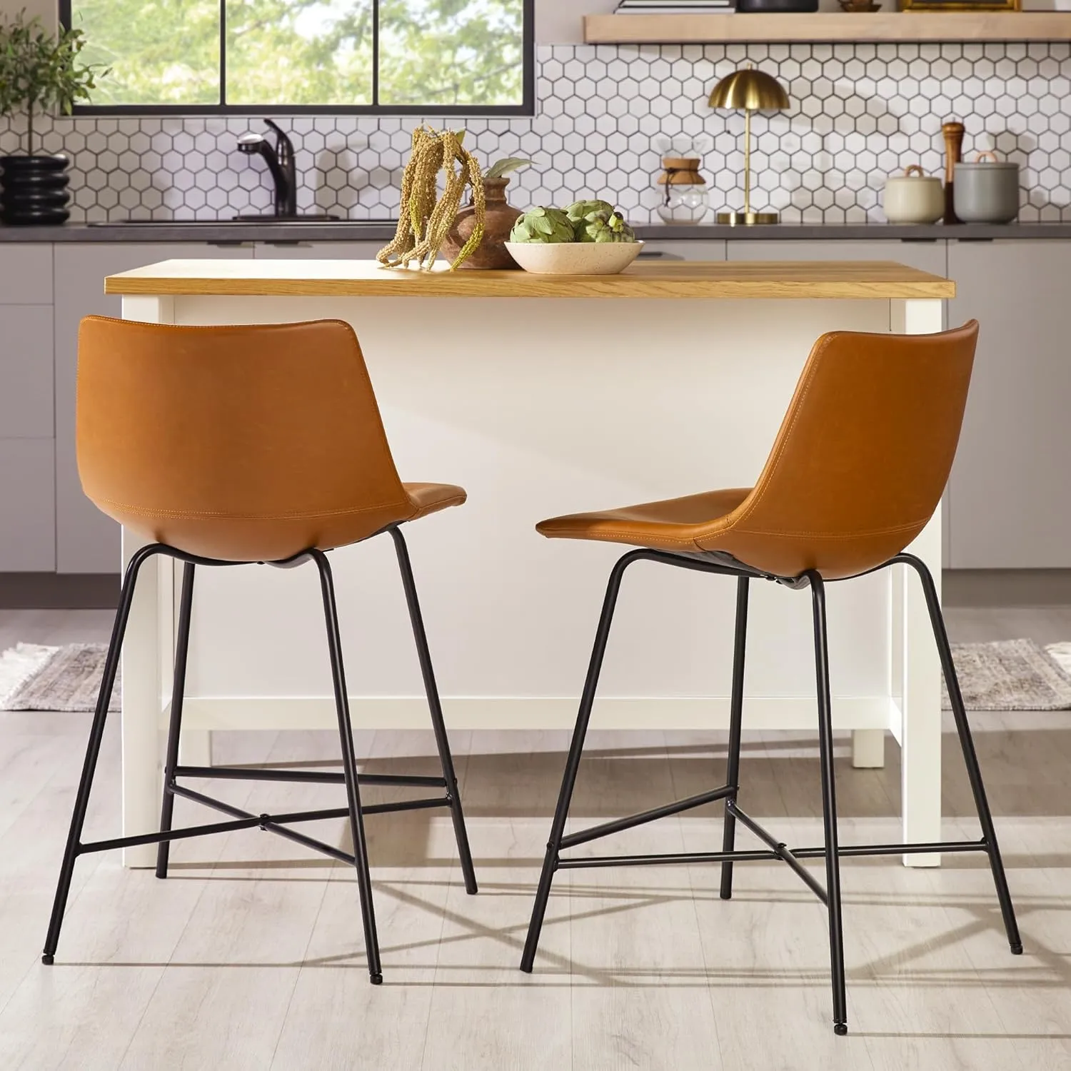 Walker Edison Xuma Modern Faux Leather Armless Low Back Counter Stool, Set of 2, Whiskey Brown
