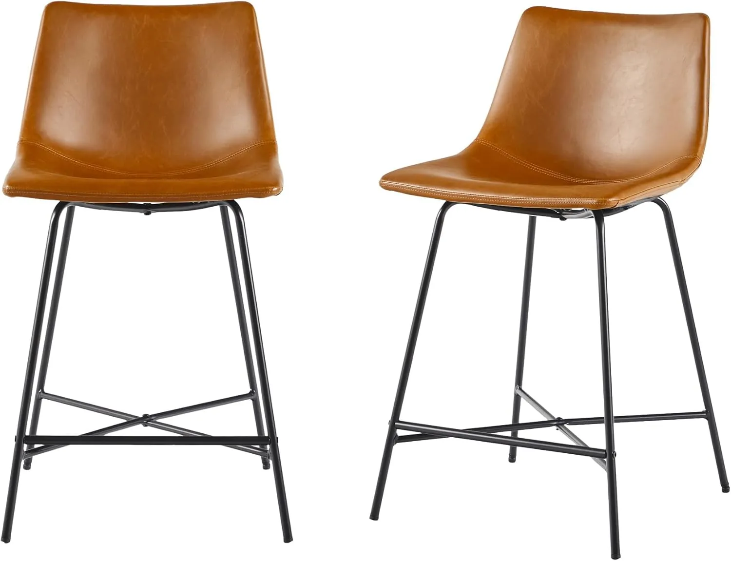 Walker Edison Xuma Modern Faux Leather Armless Low Back Counter Stool, Set of 2, Whiskey Brown