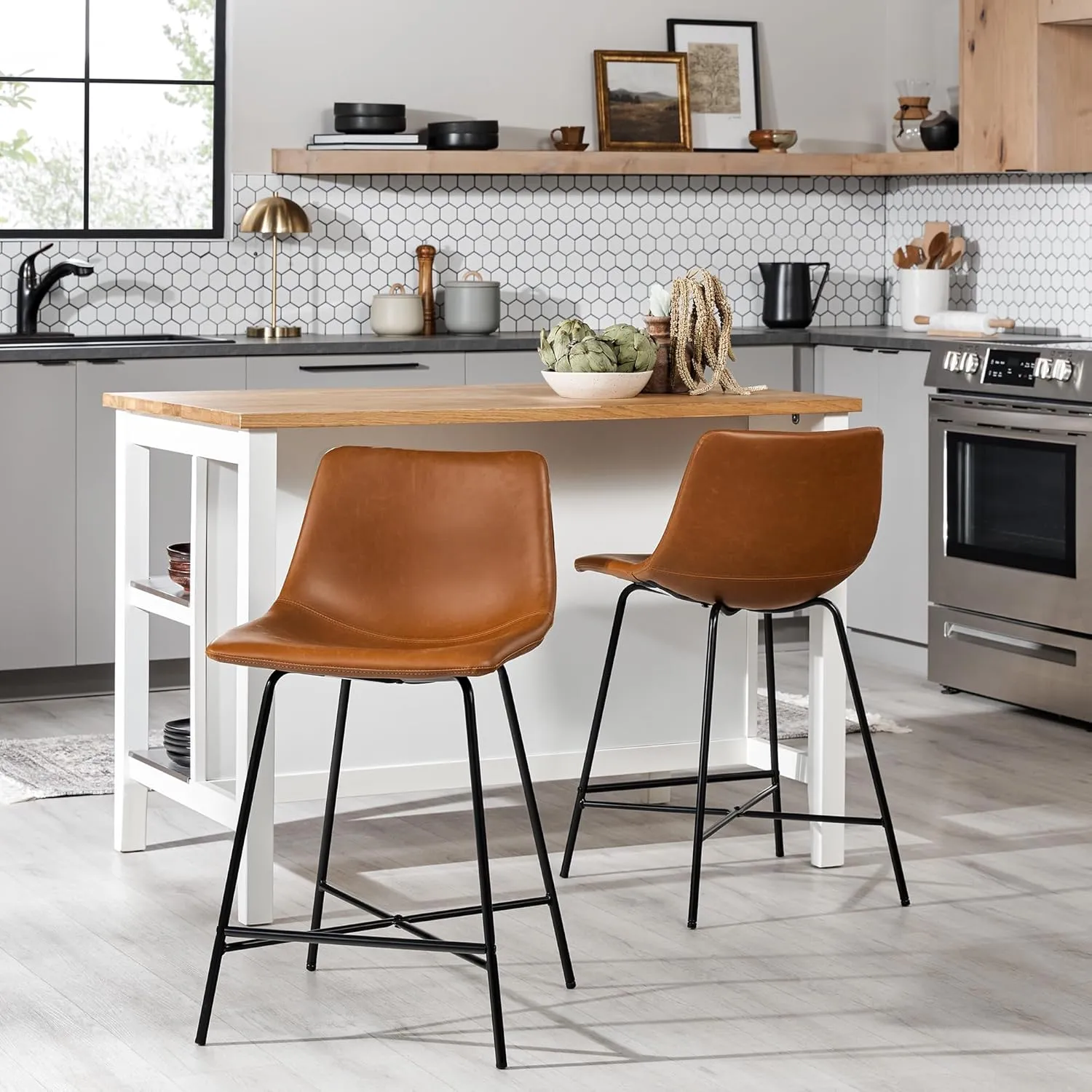Walker Edison Xuma Modern Faux Leather Armless Low Back Counter Stool, Set of 2, Whiskey Brown