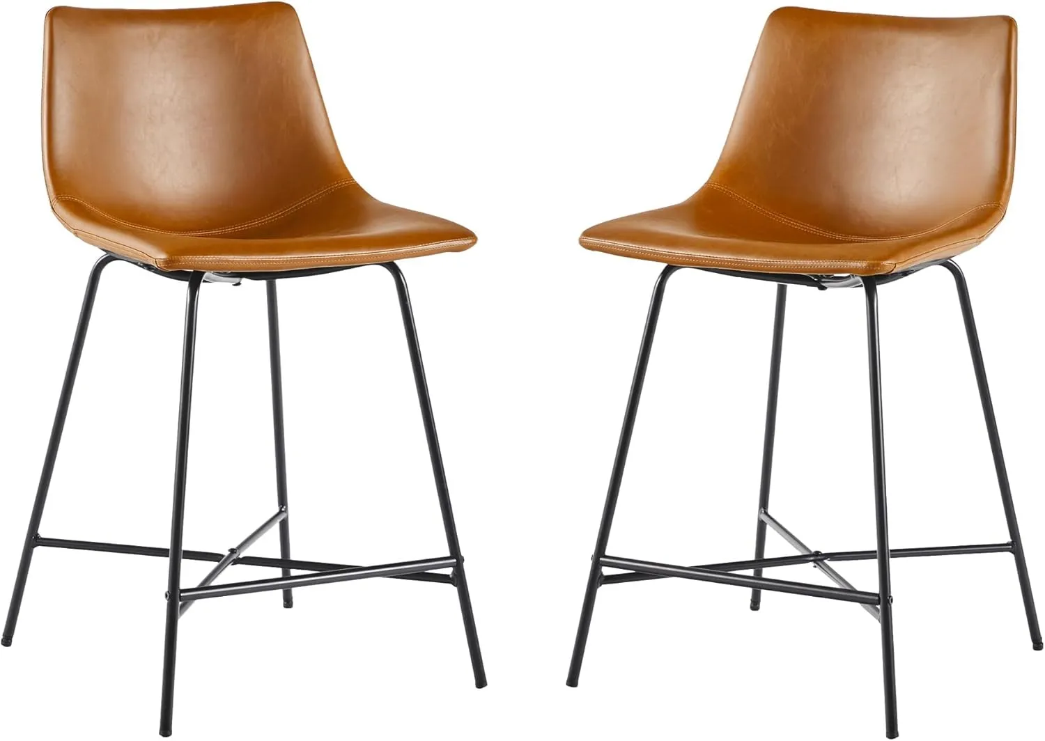 Walker Edison Xuma Modern Faux Leather Armless Low Back Counter Stool, Set of 2, Whiskey Brown