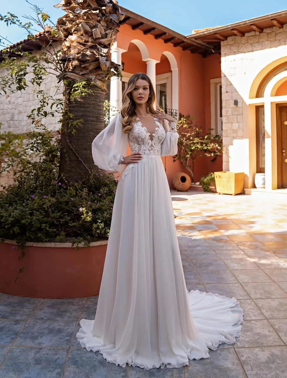Wedding Dresses for Bride Long Sleeve Boat Neck Button Back Crepe Satin Wedding Gown