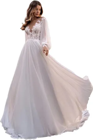 Wedding Dresses for Bride Long Sleeve Boat Neck Button Back Crepe Satin Wedding Gown