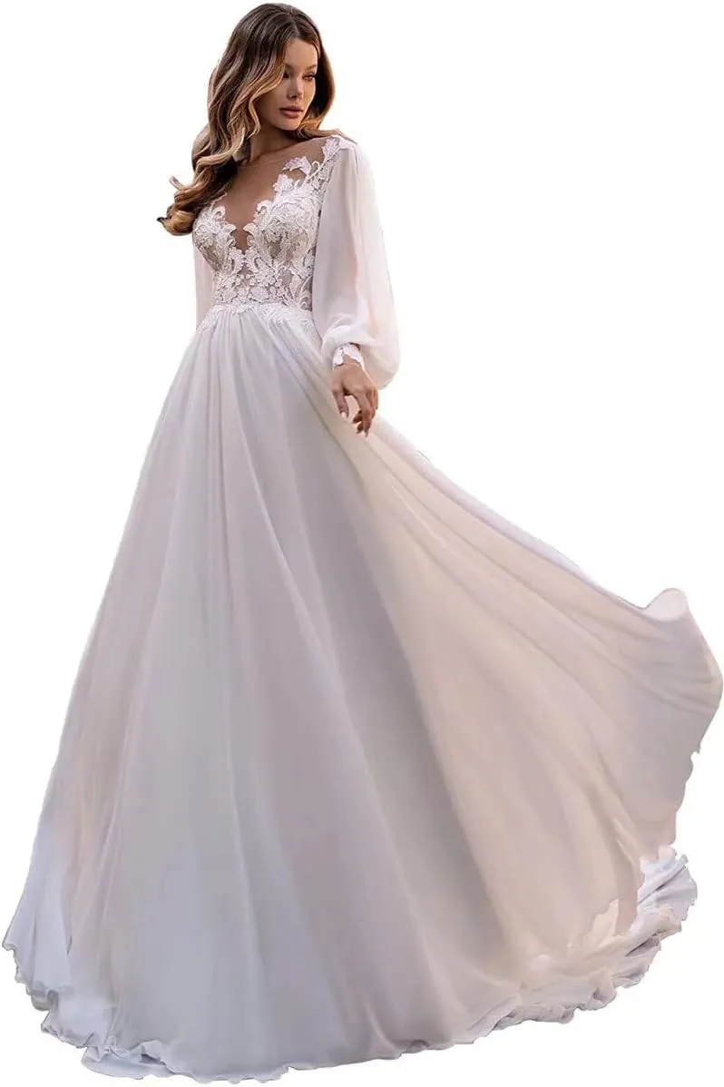 Wedding Dresses for Bride Long Sleeve Boat Neck Button Back Crepe Satin Wedding Gown