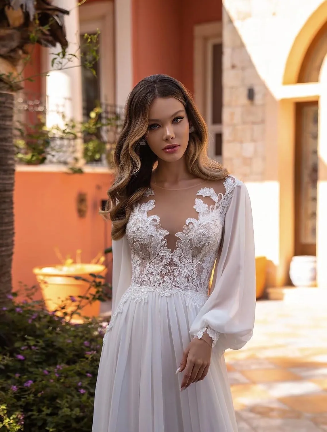 Wedding Dresses for Bride Long Sleeve Boat Neck Button Back Crepe Satin Wedding Gown