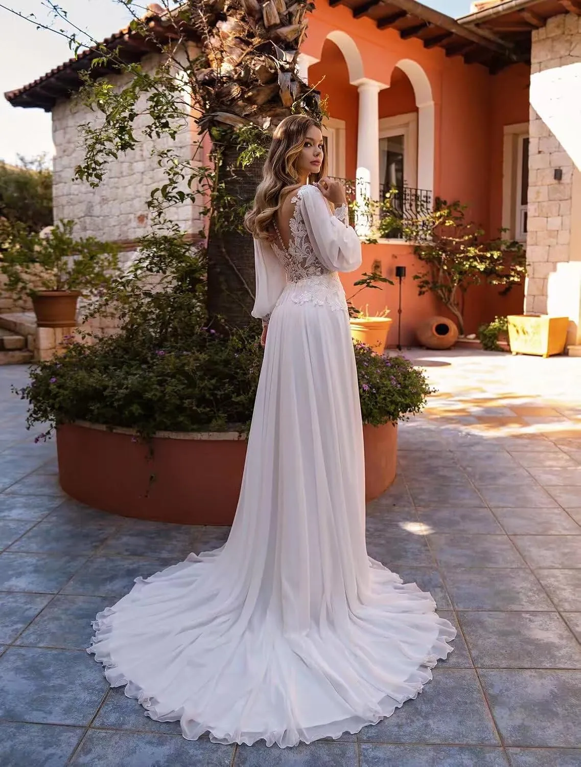 Wedding Dresses for Bride Long Sleeve Boat Neck Button Back Crepe Satin Wedding Gown