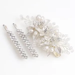 Wedding Hair Clips Set of 3 PCS - Floral Rhinestone Pearl Hair Accessories for Bridal Women (Silver)