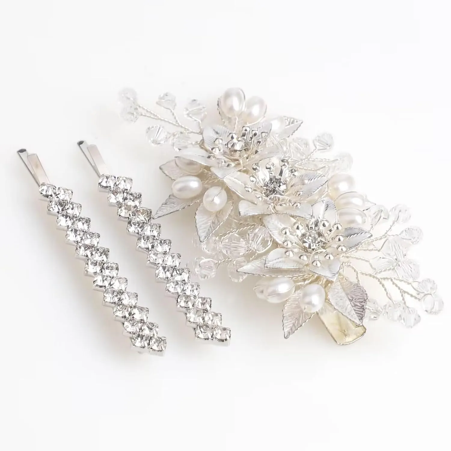 Wedding Hair Clips Set of 3 PCS - Floral Rhinestone Pearl Hair Accessories for Bridal Women (Silver)
