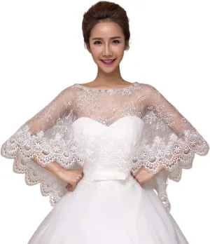 Wedding Shawl Women Floral Lace Wedding Cape Shawl Wrap for Rhinestone Bridal Capelet S, 100x45cm, Beige White