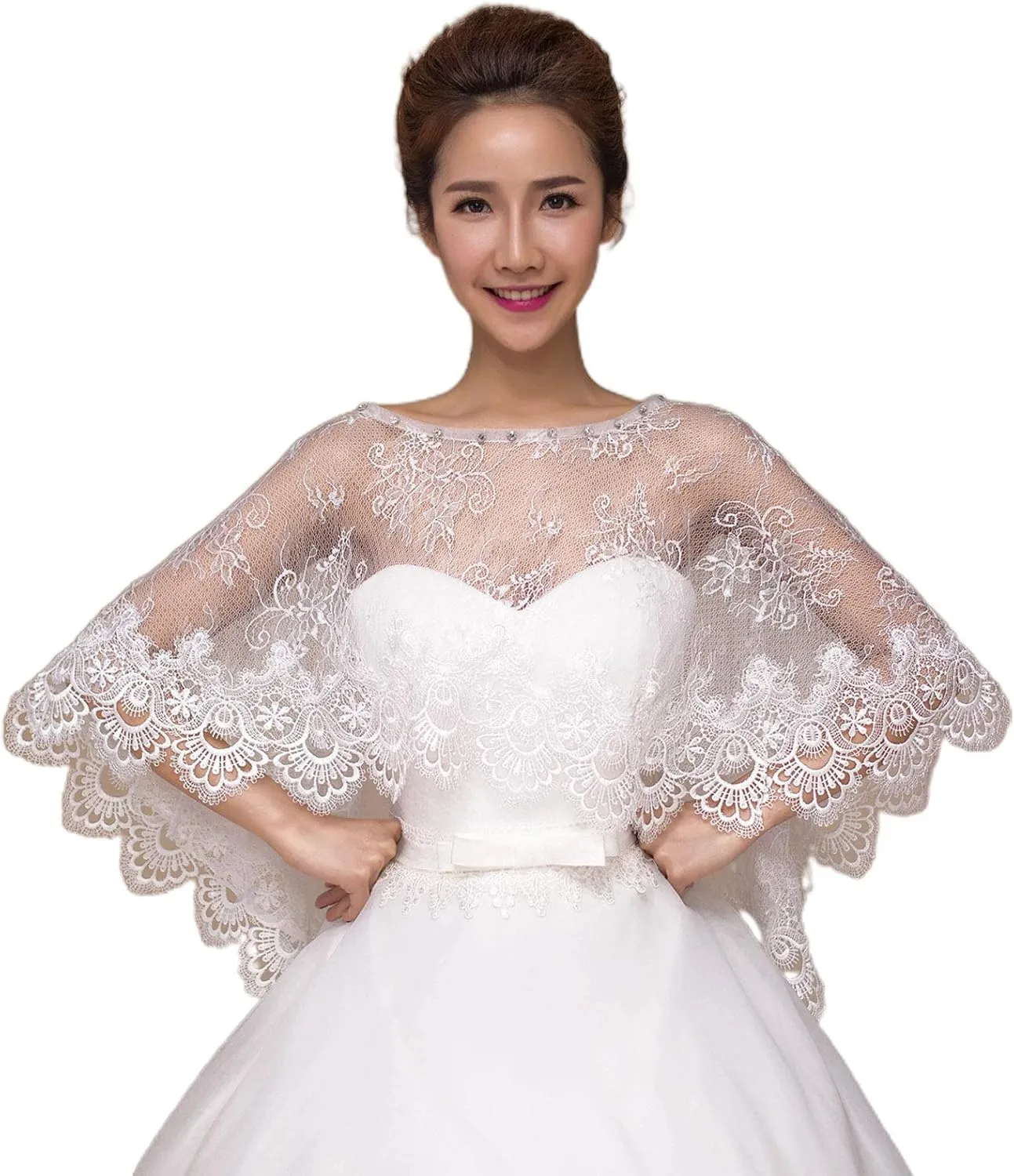 Wedding Shawl Women Floral Lace Wedding Cape Shawl Wrap for Rhinestone Bridal Capelet S, 100x45cm, Beige White