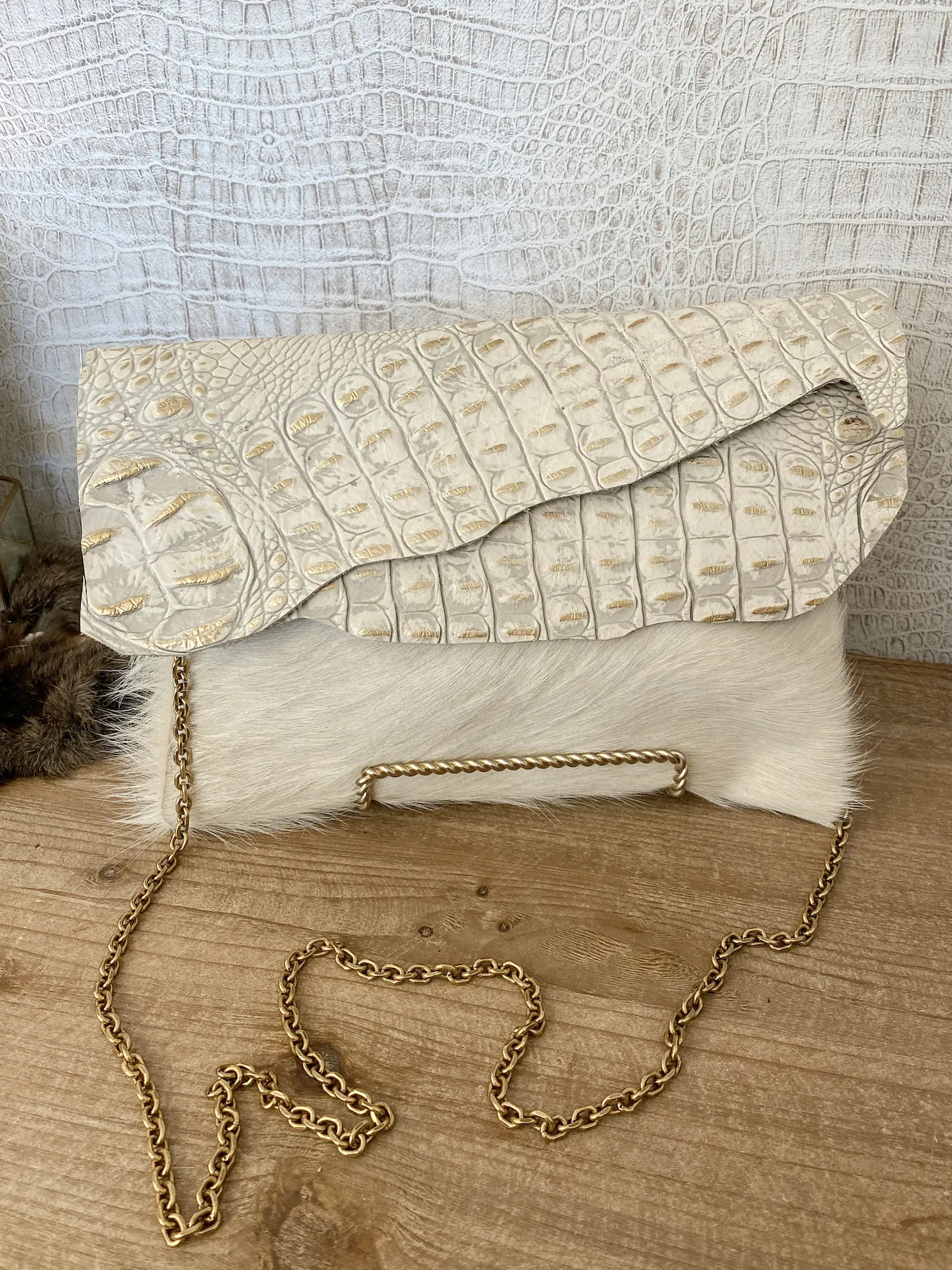 White Hide with Double Flap Gold/White Croc Flap Clutch/Crossbody