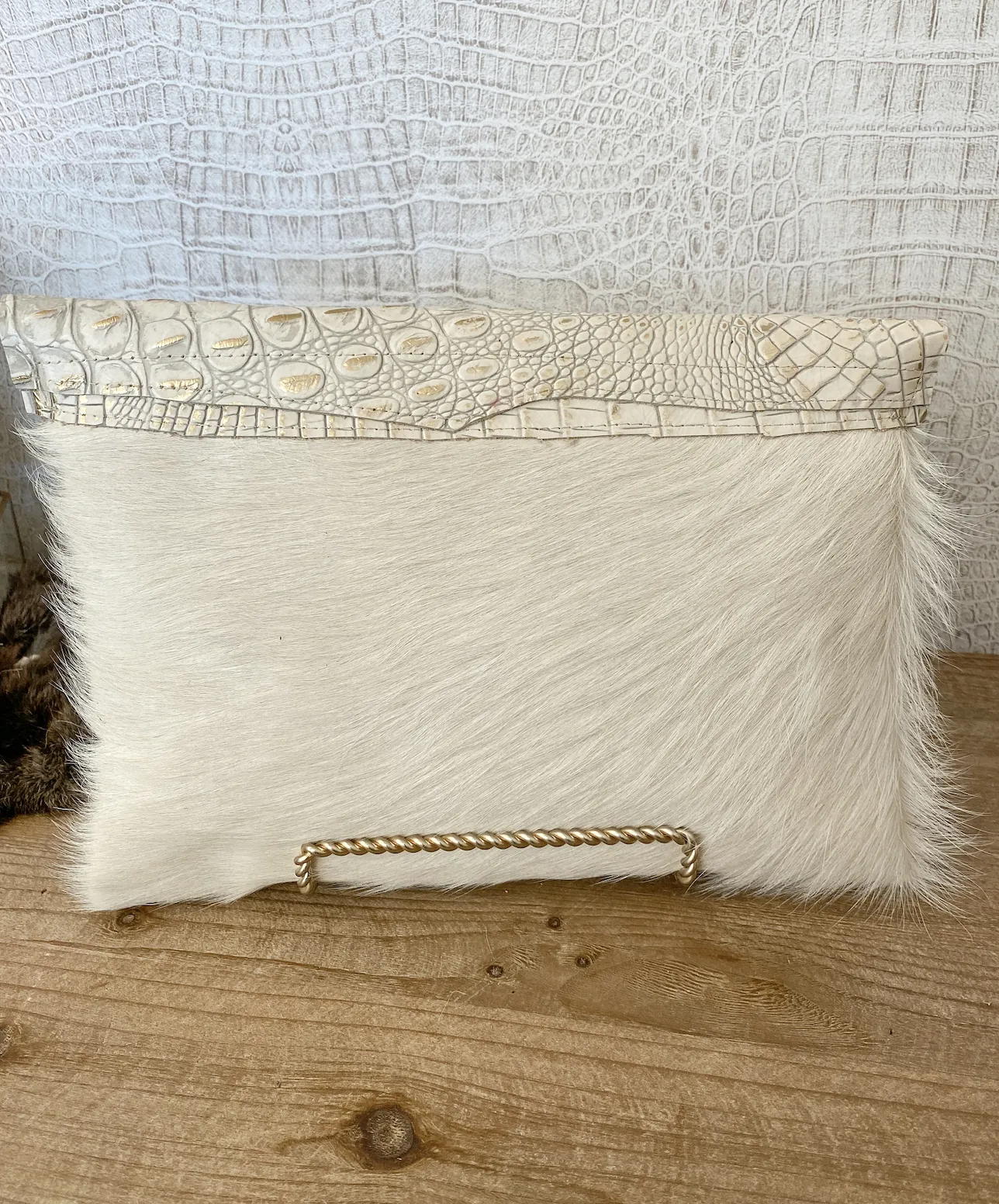 White Hide with Double Flap Gold/White Croc Flap Clutch/Crossbody