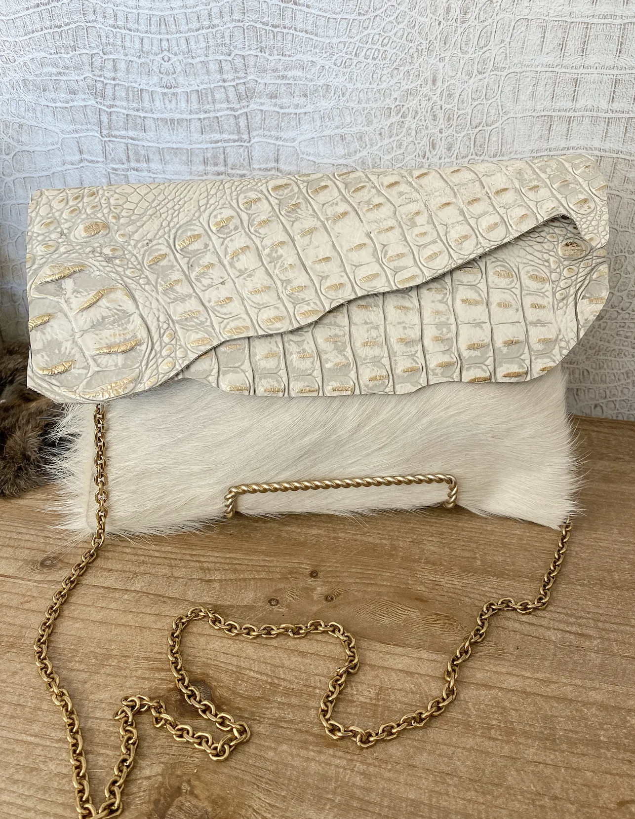 White Hide with Double Flap Gold/White Croc Flap Clutch/Crossbody
