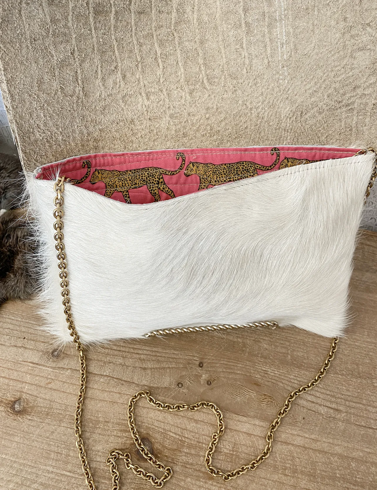 White Hide with Double Flap Gold/White Croc Flap Clutch/Crossbody