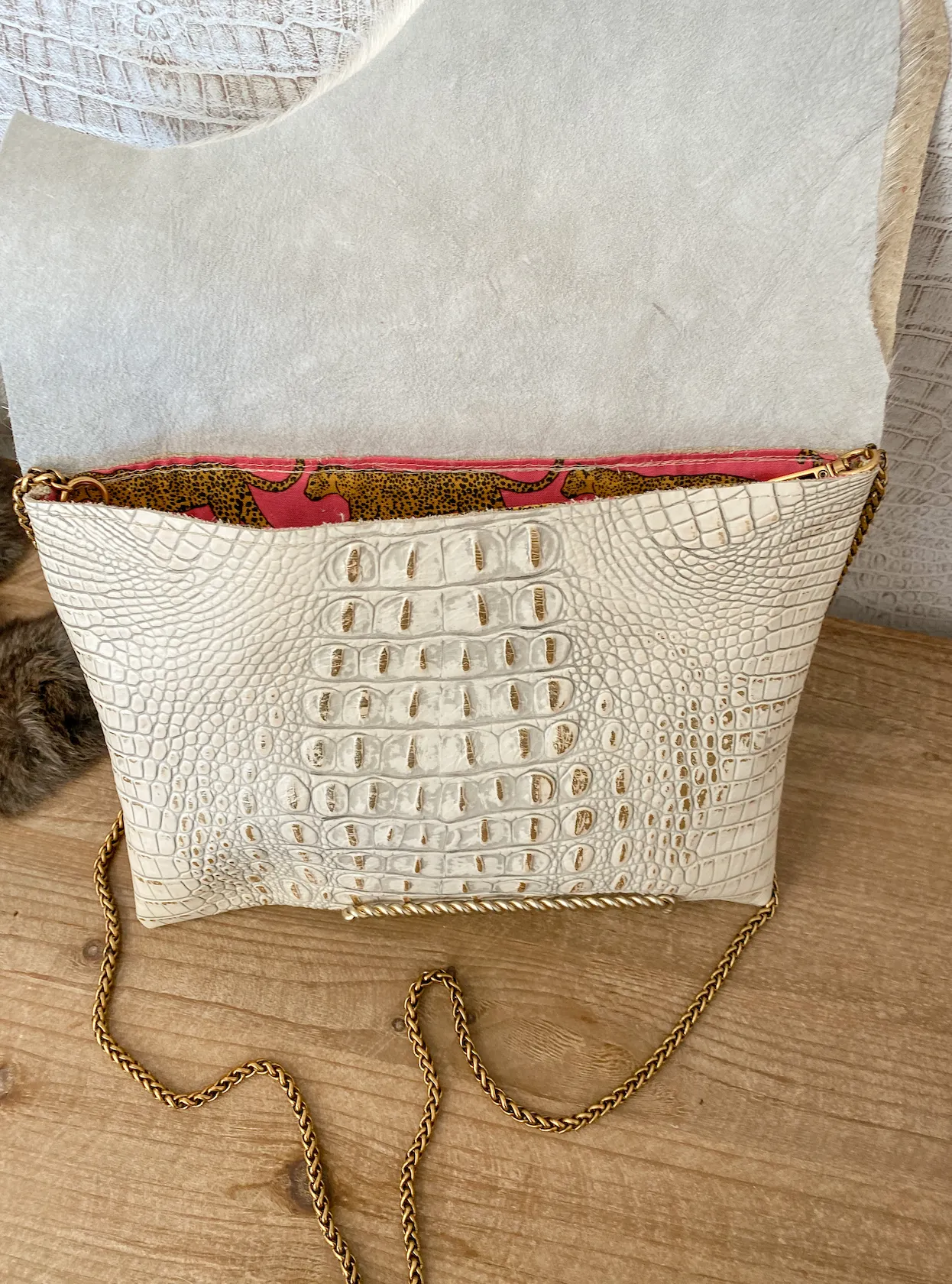 White/Gold Croc with White Hide Flap Clutch/Crossbody