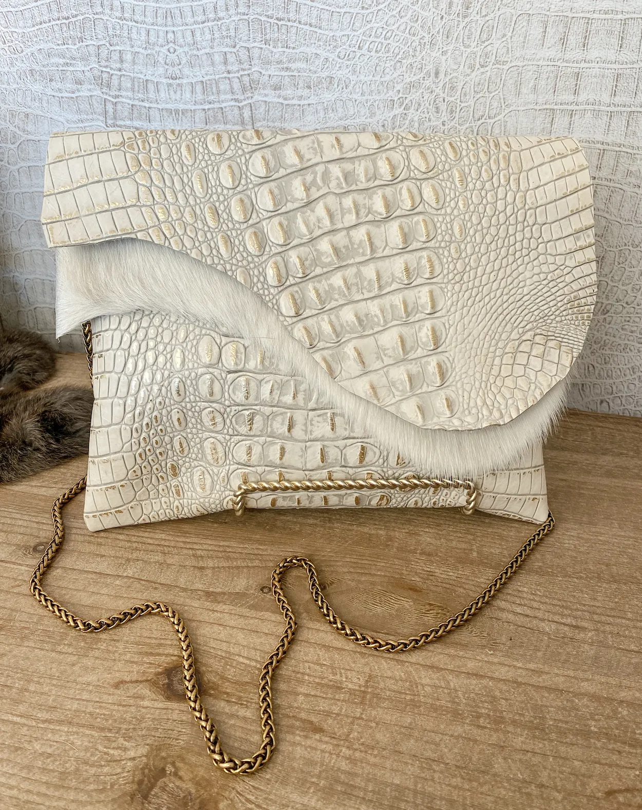 White/Gold Croc with White Hide Flap Clutch/Crossbody