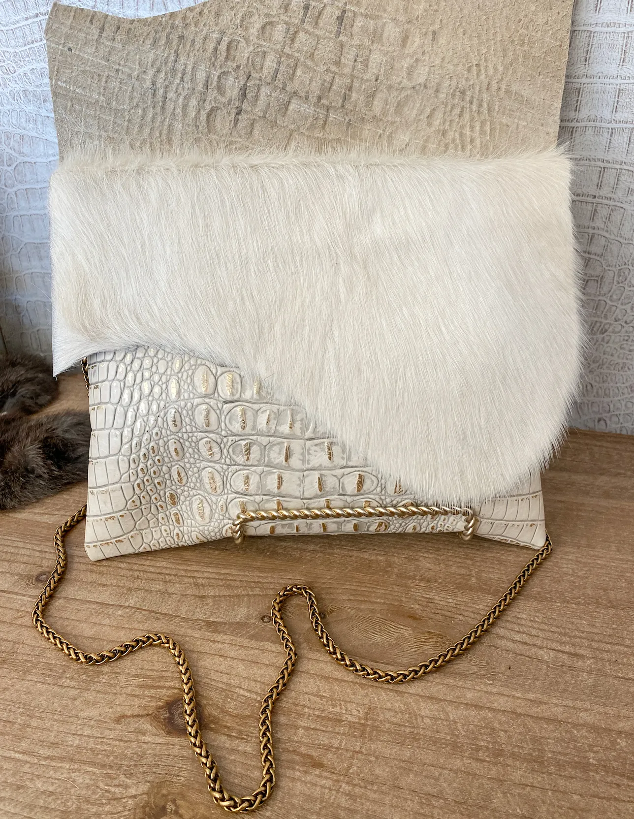 White/Gold Croc with White Hide Flap Clutch/Crossbody