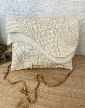 White/Gold Croc with White Hide Flap Clutch/Crossbody