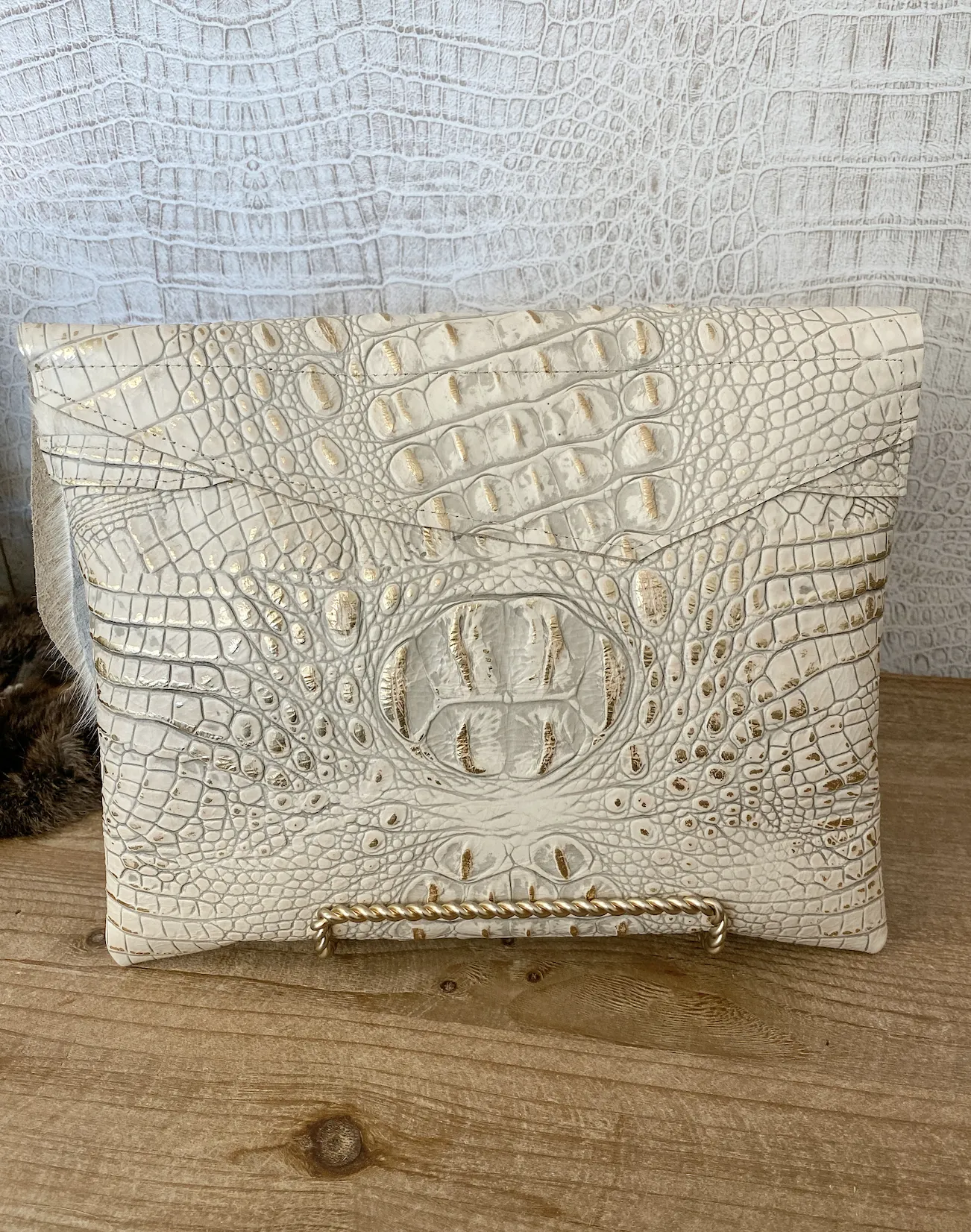 White/Gold Croc with White Hide Flap Clutch/Crossbody