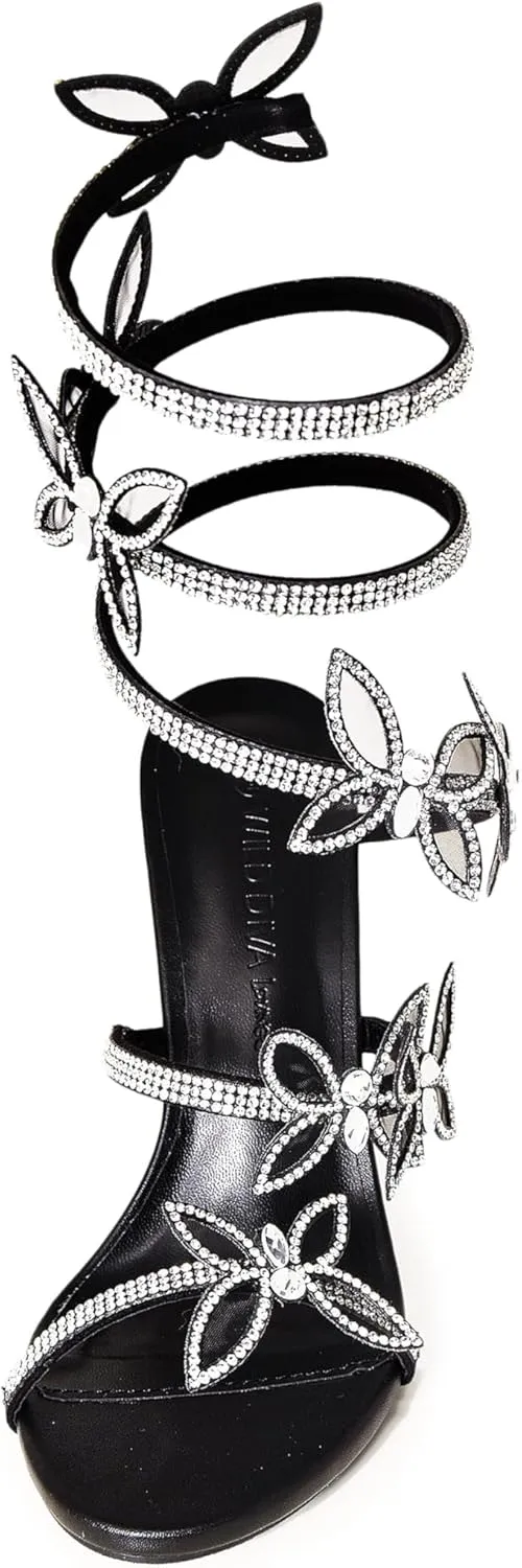 Wild Diva Women Rhinestone Butterfly Spiral Wrap Around High Heel Sandals