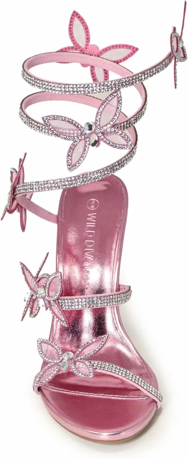 Wild Diva Women Rhinestone Butterfly Spiral Wrap Around High Heel Sandals