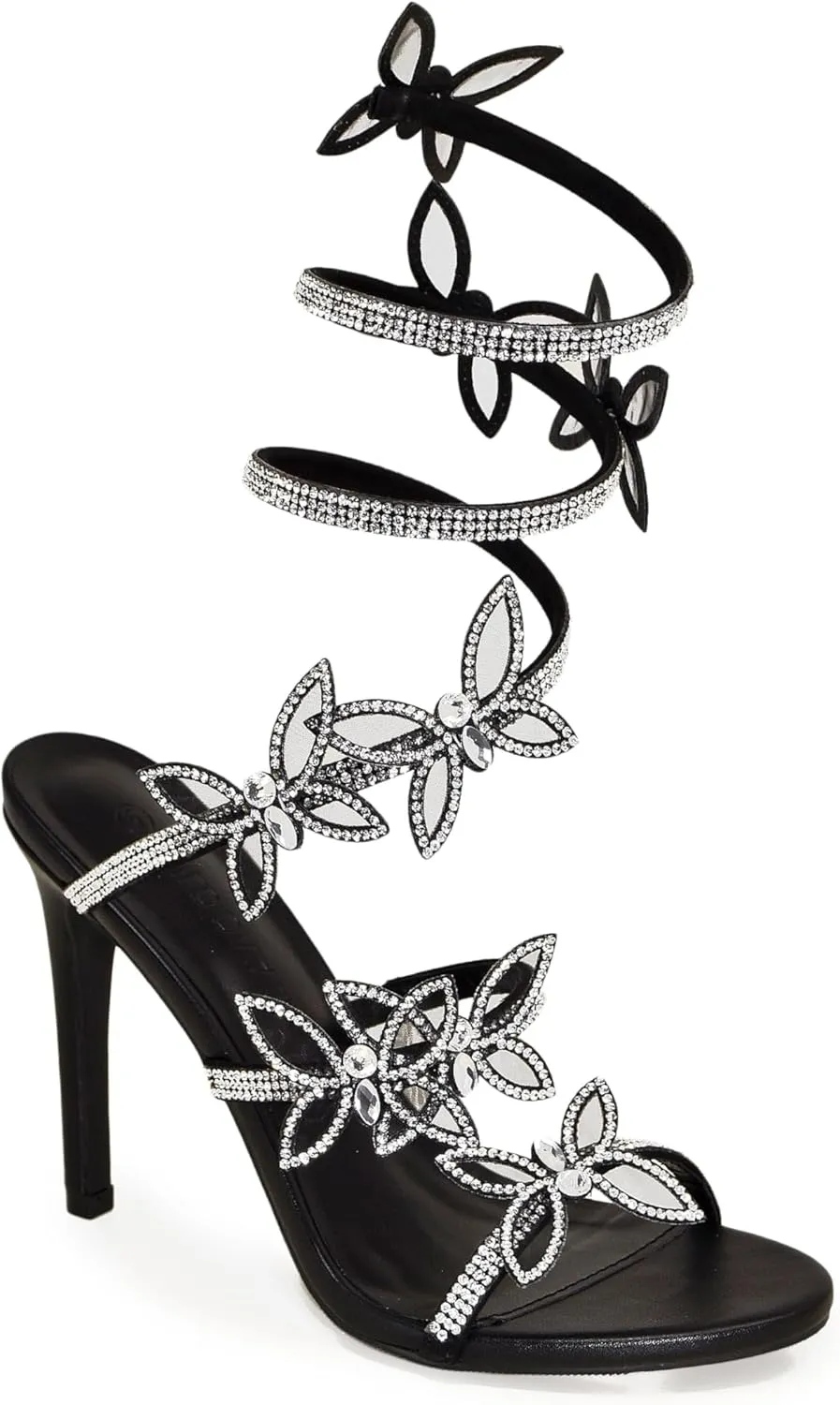 Wild Diva Women Rhinestone Butterfly Spiral Wrap Around High Heel Sandals