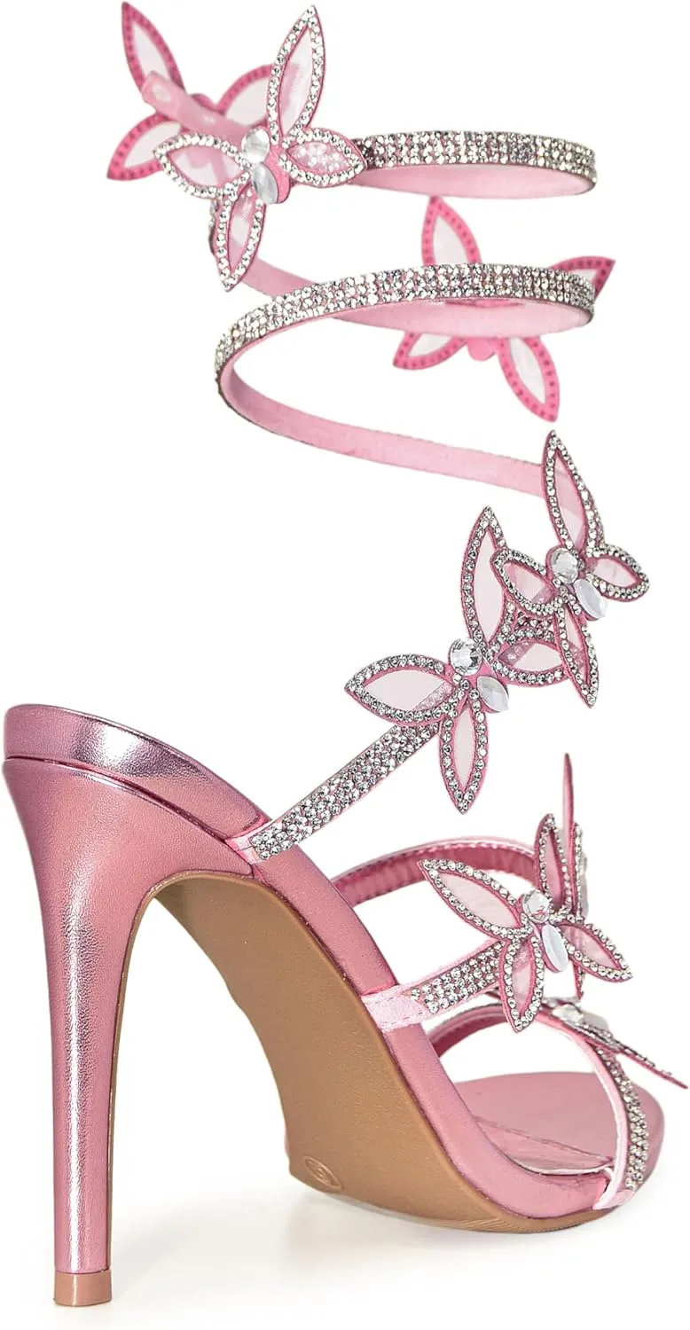 Wild Diva Women Rhinestone Butterfly Spiral Wrap Around High Heel Sandals