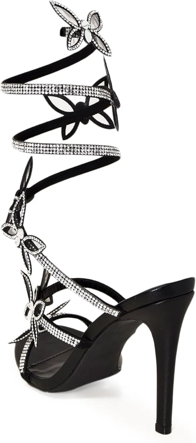 Wild Diva Women Rhinestone Butterfly Spiral Wrap Around High Heel Sandals