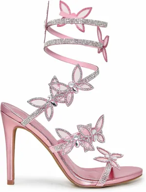 Wild Diva Women Rhinestone Butterfly Spiral Wrap Around High Heel Sandals