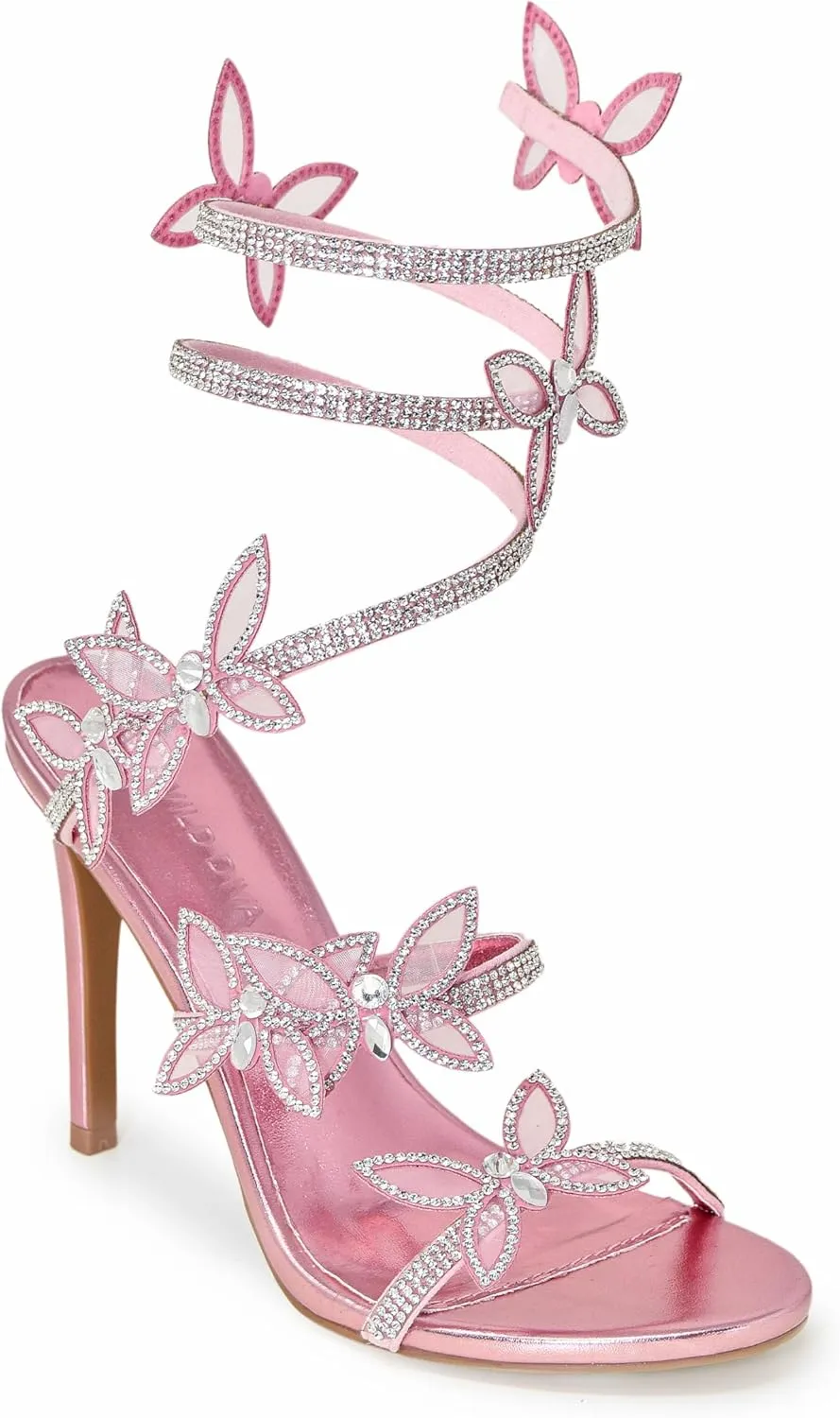 Wild Diva Women Rhinestone Butterfly Spiral Wrap Around High Heel Sandals