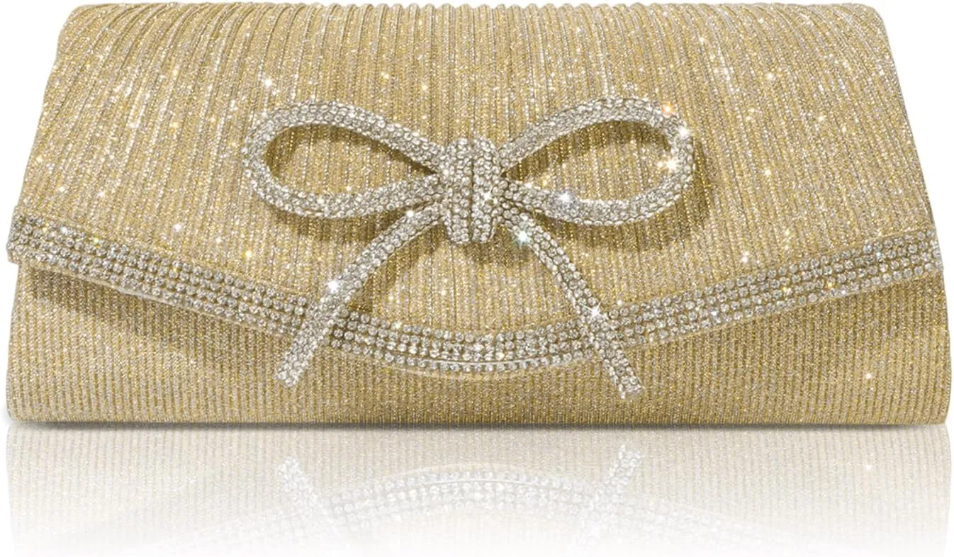 Women Evening Handbags Sparkly Bow Clutch Purse Wedding Glitter Rhinestone Party Prom Purse Dressy Clutch Bags