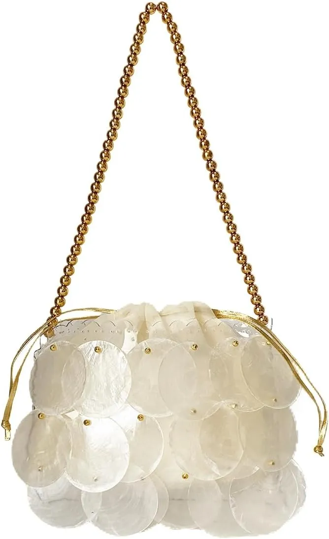 Women Fashion Shell Woven Handbag Chic Shell Beach Bag Beaded Chain bag for Summer Travel Beach Party