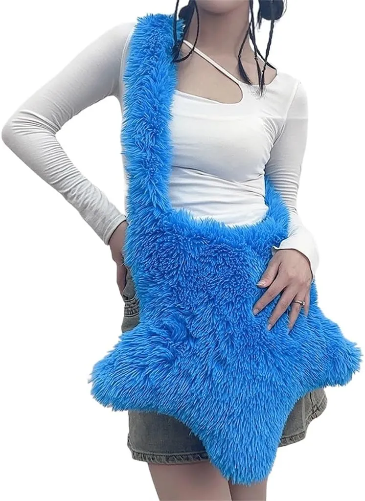 Women Fluffy Star Shaped Handbag Faux Fur Shoulder Bag Plush Crossbody Bag for Amusement Park Shopping Daily Life