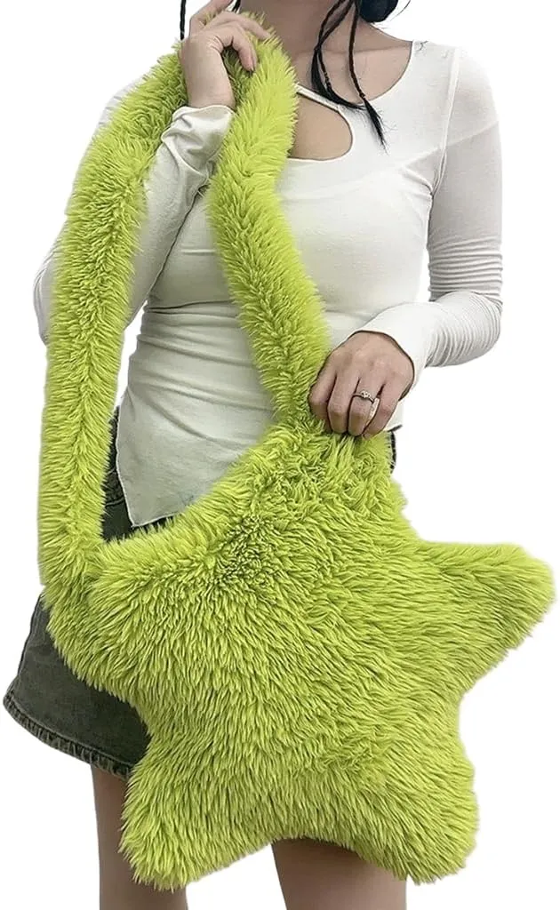 Women Fluffy Star Shaped Handbag Faux Fur Shoulder Bag Plush Crossbody Bag for Amusement Park Shopping Daily Life