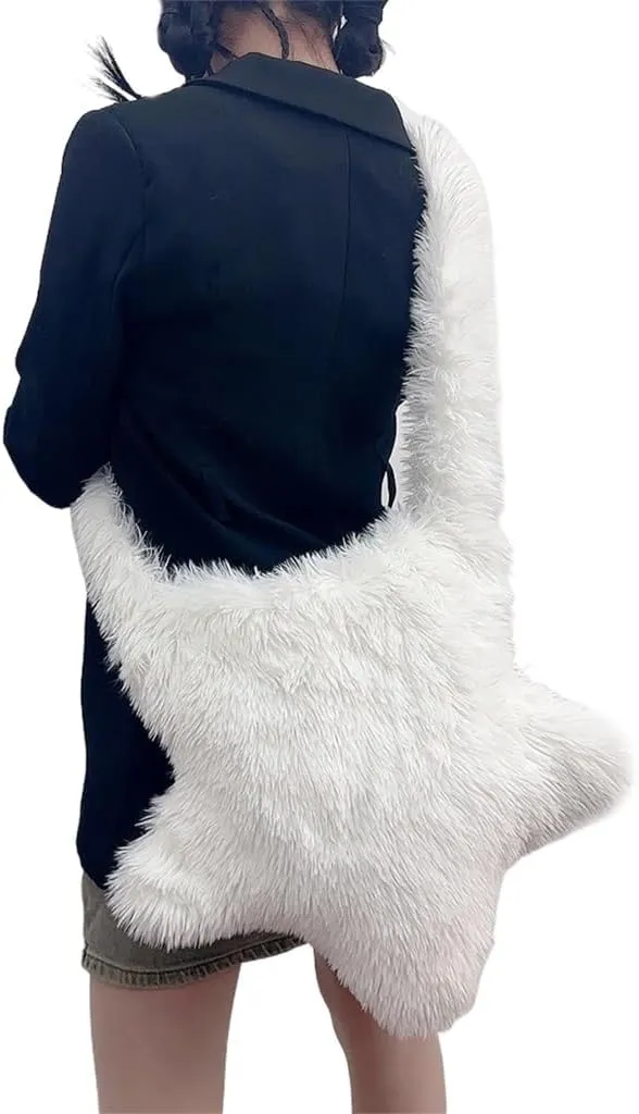Women Fluffy Star Shaped Handbag Faux Fur Shoulder Bag Plush Crossbody Bag for Amusement Park Shopping Daily Life