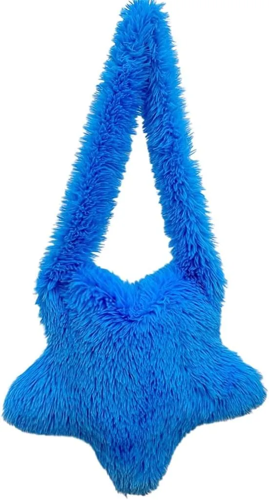 Women Fluffy Star Shaped Handbag Faux Fur Shoulder Bag Plush Crossbody Bag for Amusement Park Shopping Daily Life